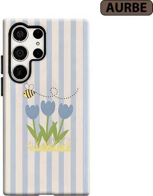 Stoßfeste Handyhülle Bienen und Blaue Tulpen für Samsung Galaxy S26 S25 S24 S23 Ultra Plus, Robuste Doppelschicht Rückabdeckung, Blau/Mehrfarbig - Bild 1