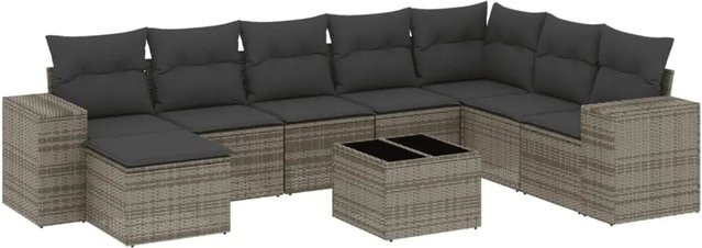 vidaXL 9-teilige Garten-Sofagarnitur aus Poly-Rattan in Grau mit Kissen aus Polyester und pulverbeschichtetem Stahl - Bild 1