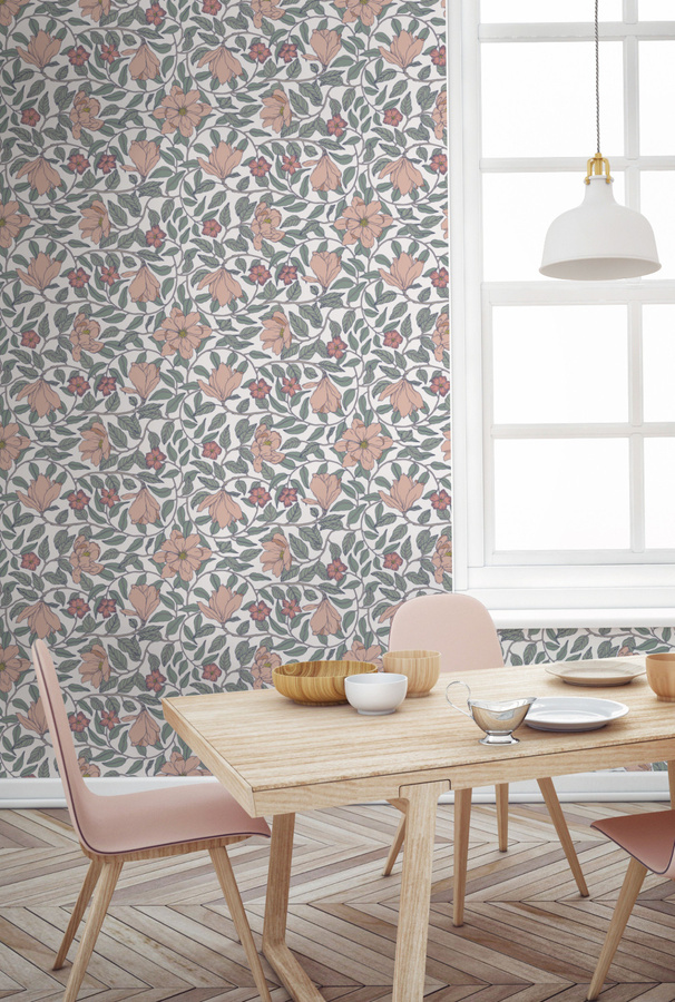 Tenue de Ville Tapete Magnolia Powder in Grau und Mehrfarbig mit floralem Art-Deco-Design und botanischem Motiv, Vlies-Tapete, matt - Bild 1