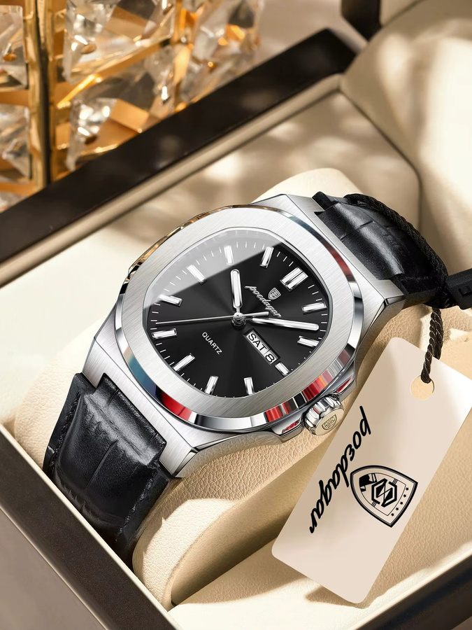 POEDAGAR Armbanduhr, Analoguhr, Edelstahl, Leder, Schwarz, Herren - Bild 7