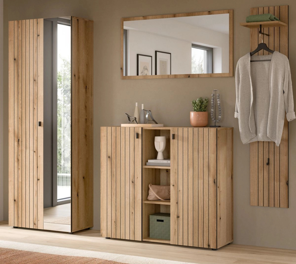 Garderobe Set Loreno 4-tlg. von Inn.Furn in Eiche, modern mit Schuhschrank, Spiegel, Bank und Wandpaneel, Höhe: 192 cm, Breite: 237 cm, Tiefe: 37 cm - Bild 1