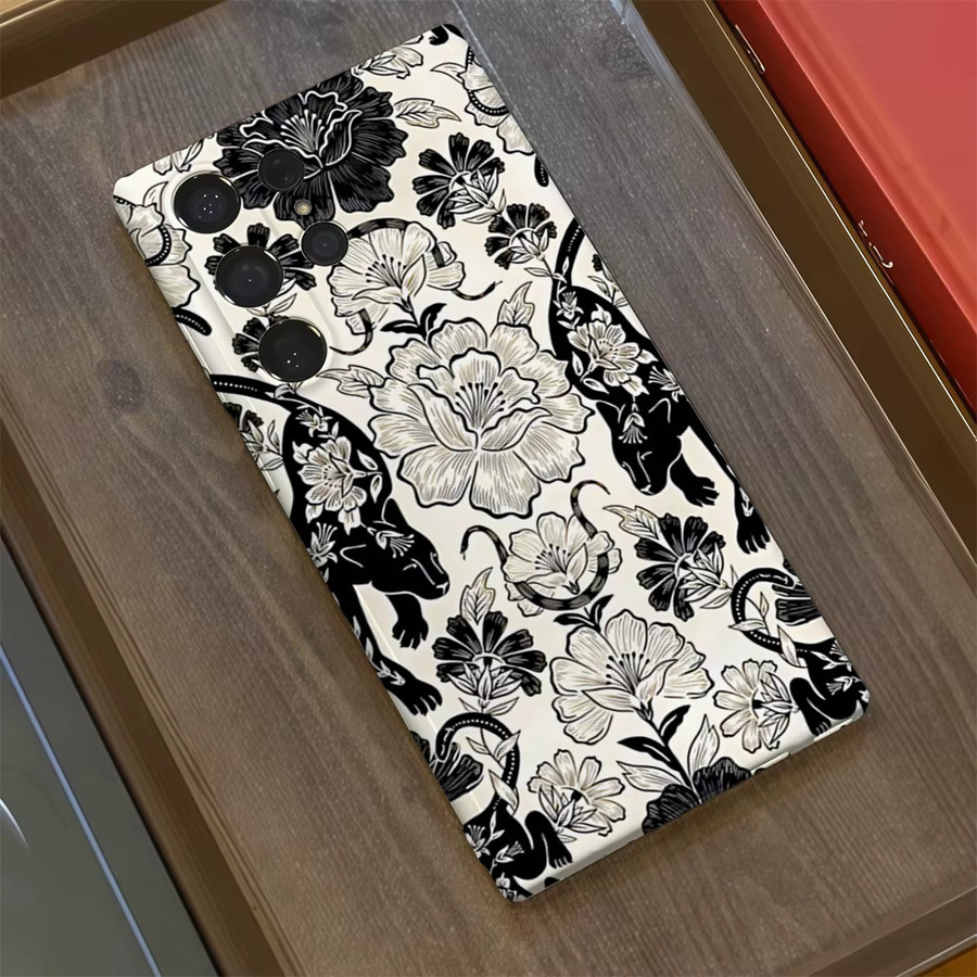 Glänzende Handyhülle mit schwarz-weißem floralem Tier-Design für Samsung Galaxy S25 Ultra, S24 und S23 Ultra Plus mit doppellagiger Rückseite - Bild 3