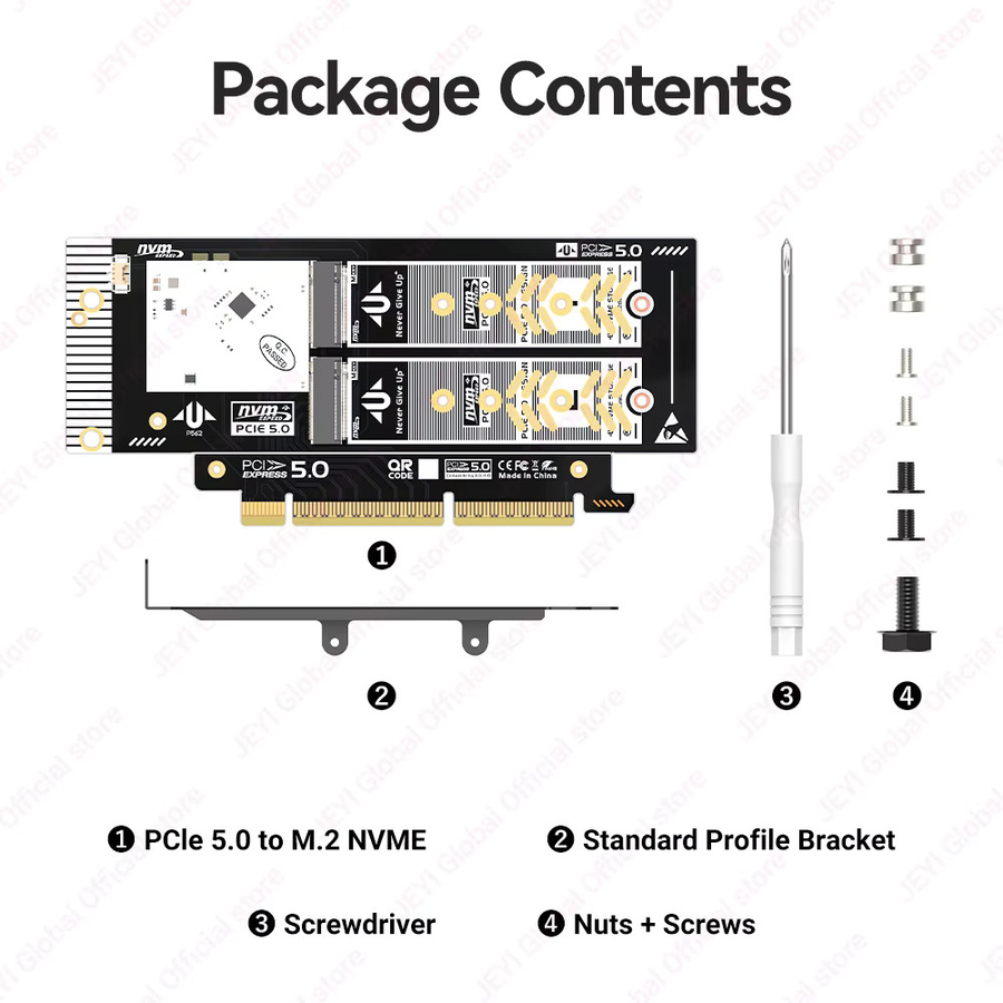 JEYI Dual M.2 NVMe zu PCIe 5.0 Erweiterungskarte in Schwarz mit 256 Gbit/s, unterstützt X8/X16-Steckplätze für 2280/2260/2242/2230 NVMe SSDs und Soft-RAID-Unterstützung - Bild 4