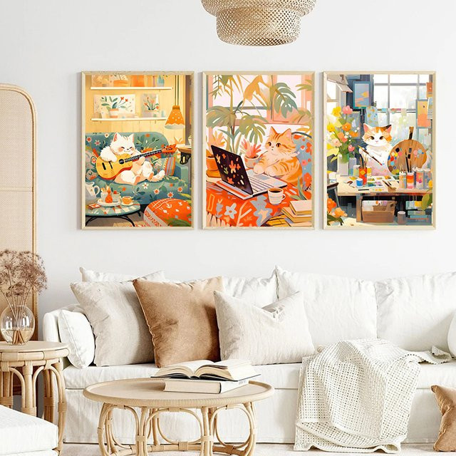 Potdemiel Wandkunst Poster mit Gitarren spielenden Katzen in Mehrfarben, Papierposter für dein Zuhause - Bild 1