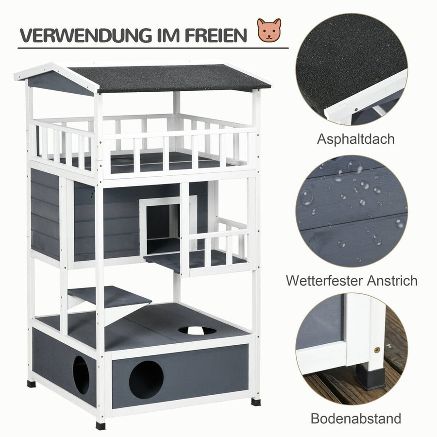 PawHut Katzenhaus aus Holz in Weiß und Grau, wetterfestes Katzenhaus für Garten, Terrasse oder Balkon mit abnehmbarem Dach und erhöhtem Boden, B/H/T: 75 x 137 x 75 cm - Bild 4