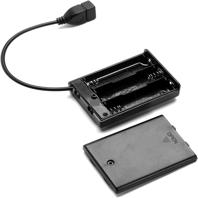 AOKIN Batteriehalter mit Abdeckung und Schalter für 2/3 AA Batterien, 4,5–5 V, inklusive USB-C Kabel und LED-Lichtset in Schwarz - Bild 2
