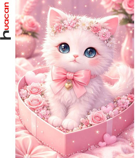Huacan DIY Diamantmalerei Set mit Katze und Rosen als dekoratives Wandbild, B/H: 30,0 x 20,0 cm - Bild 1