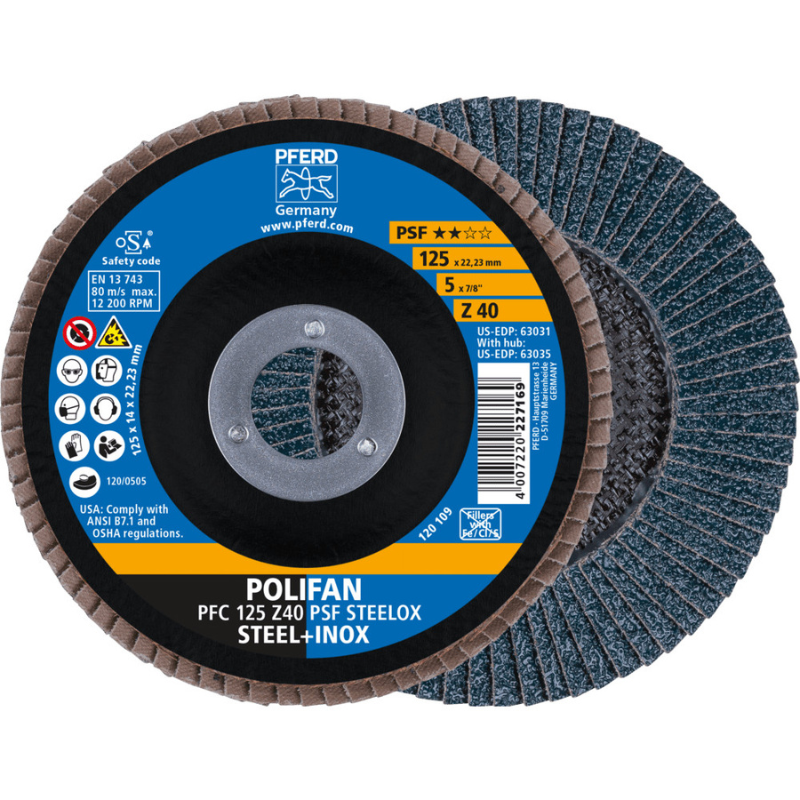 PFERD Polifan PSF Steelox Fächerscheibe für Stahl und Edelstahl Durchmesser: 125 mm, Bohrung: 22,23 mm - Bild 1