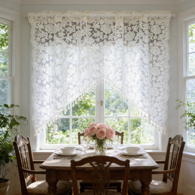 Transparenter Spitzen-Kurzvorhang mit floraler Bestickung und Quasten in Weiß, dreieckiger Cafévorhang für Küche und Schlafzimmer im Shabby Chic Stil - Bild 1