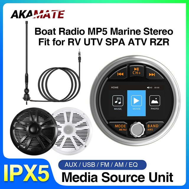 AKAMATE Marine Stereo MP5 Media Player mit Bluetooth, AM/FM/RDS und AUX in Schwarz für Boot, RV, UTV und ATV - Bild 1