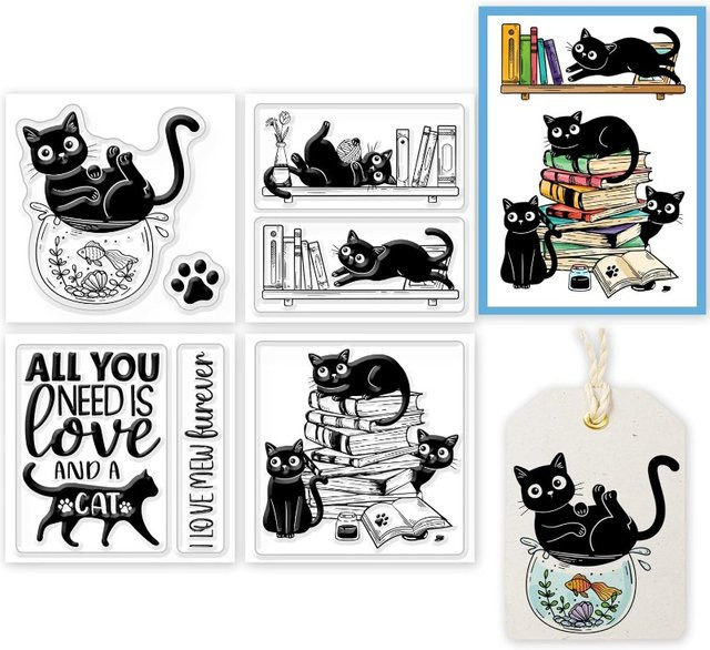 4 Stück transparente Silikonstempel Set mit Mini-Katze und Buch für DIY Scrapbooking und Kartenbasteln - Bild 1