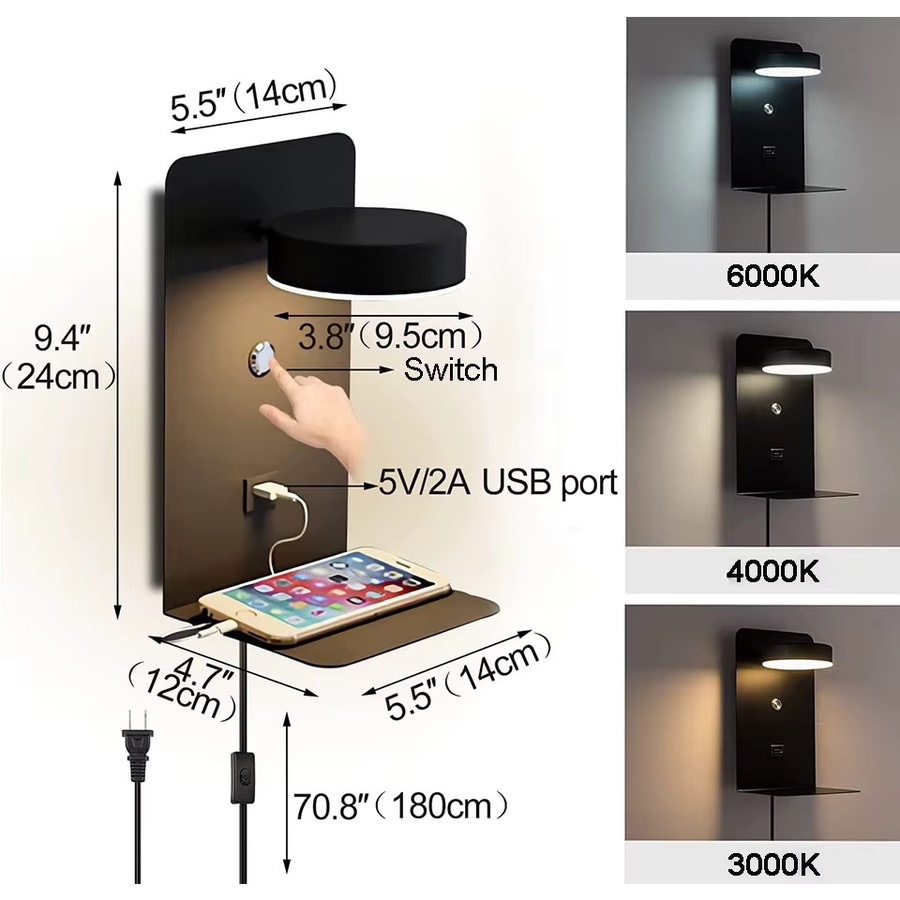 YooE Moderne LED-Wandleuchte mit Schalter und USB-Ladeanschluss in Schwarz oder Weiß für Schlafzimmer und Flur, 9 W - Bild 4