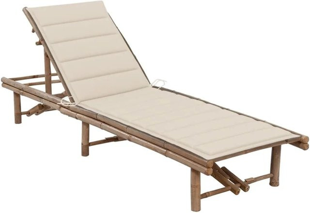 Furnicato Garten-Sonnenliege aus Bambus mit beige Auflage und verstellbarer Kopfstütze, B/T/H: 200 x 65 x 30-87 cm - Bild 1