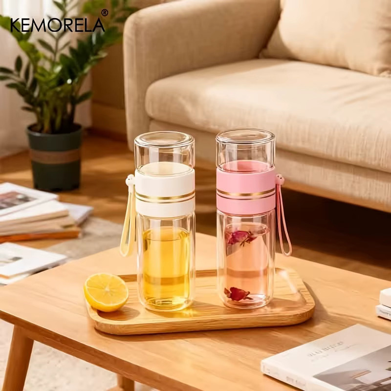 KEMORELA Doppelwandige Teekanne aus Borosilikatglas mit Edelstahl-Sieb, 520 ml, Transparent/Pink - Bild 2