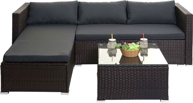 MCW Poly-Rattan Garten-Lounge-Set F57 3-teilig in Braun mit dunkelgrauen Sitz- und Rückenpolstern - Bild 1