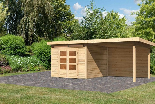 Gartenhaus Holz KANDERN 6 Flachdachhaus naturbelassen mit Anbaudach und Rückwand B/B: 274 x 274 cm, Wandstärke: 28 mm - Bild 1