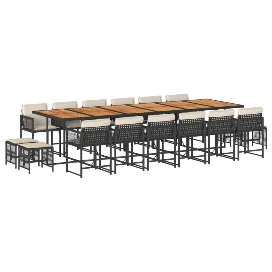 vidaXL 17-teilige Garten-Essgruppe aus Poly-Rattan und Akazienholz mit Kissen in Schwarz, Braun und Cremeweiß - Bild 2