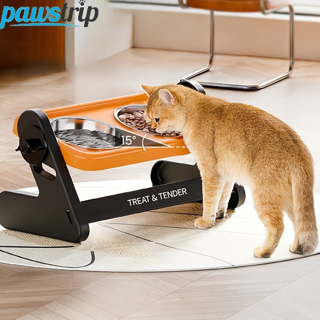 Verstellbarer Katzenfutternapf mit Ständer von pawstrip in Grau und Orange - Bild 1