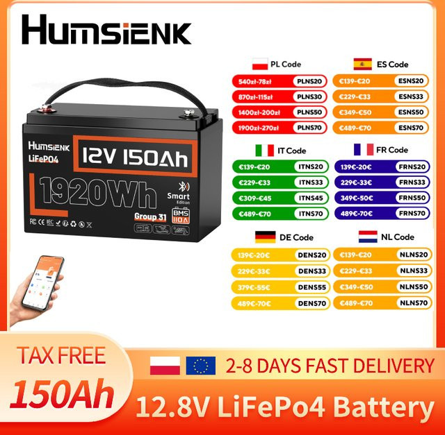 Humsienk Bluetooth 12V 150Ah LiFePO4 Deep Cycle Lithium-Eisenphosphat-Batterie in Schwarz mit 110A BMS für Solar, Wohnmobile und Boote - Bild 1