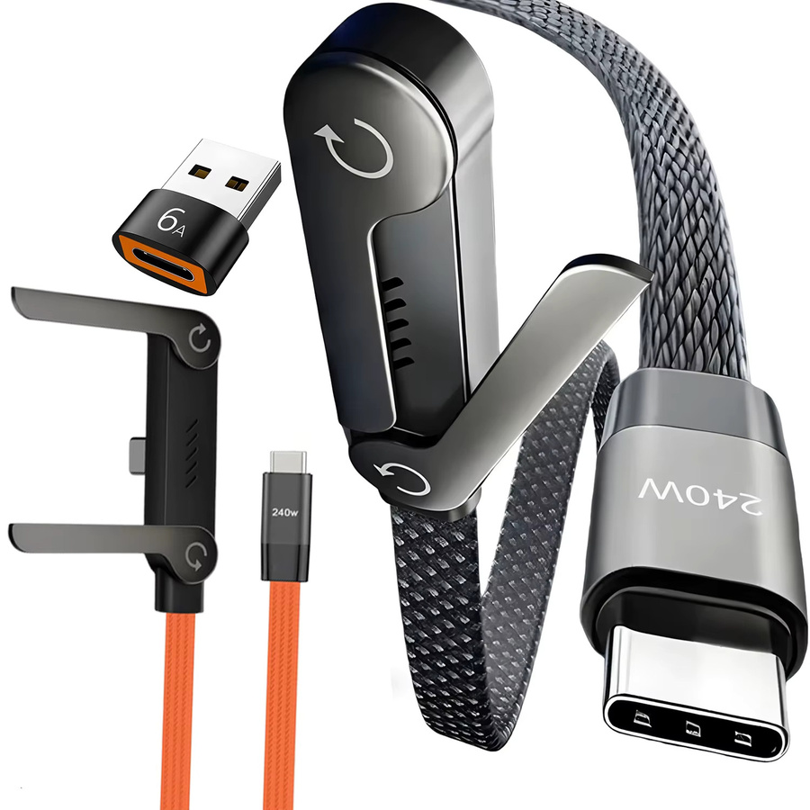 BESY 2-in-1 Schnellladekabel Typ-C zu Typ-C mit faltbarer Halterung für Telefon und Tablet, 240W, Schwarz/Orange - Bild 5