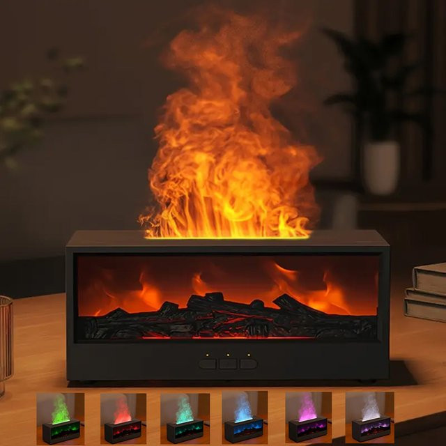 KIQUNE Aroma Diffusor mit 3D-Flammen-Effekt und Fernbedienung, Luftbefeuchter für ätherische Öle in Schwarz - Bild 1