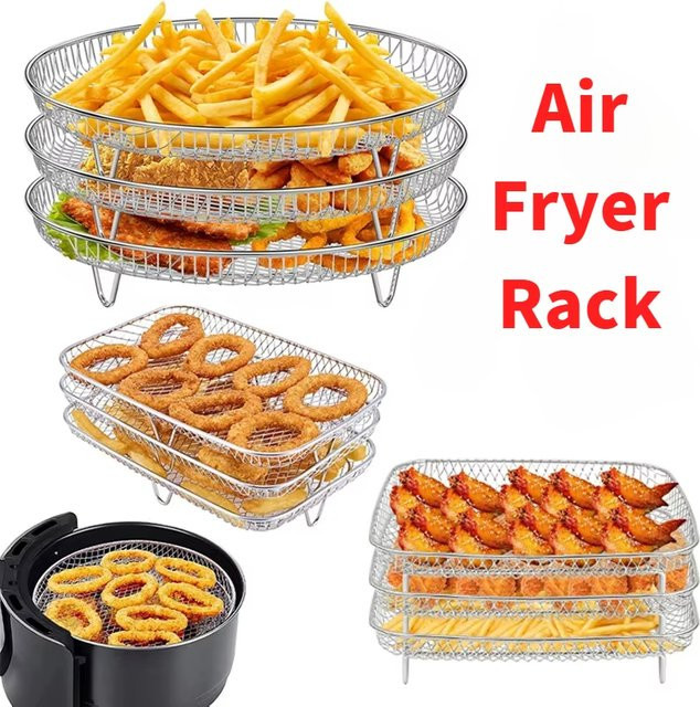 UNTIOR Quadratische Air Fryer Racks aus Edelstahl, 1/3 Schicht Stapelbare Ofengitter für die Küche, Silber - Bild 1