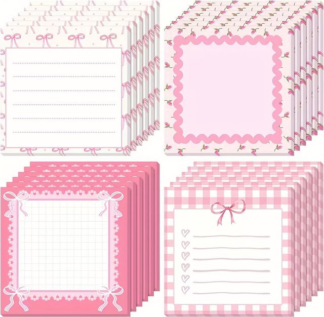 4er-Set klebrige Notizblöcke mit rosa Schleifen, Blumen- und Herz-Design in Pink für Schule und Büro - Bild 1