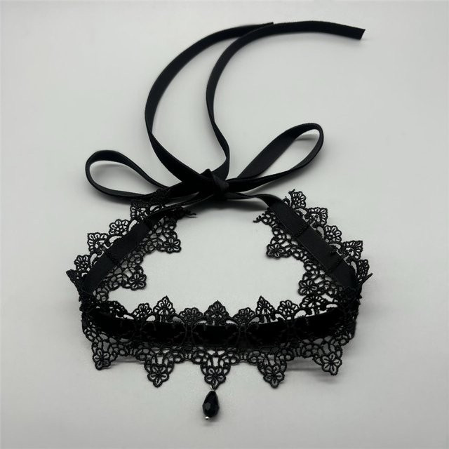 Halskette Spitze Blume, Samt Kragen Choker, Wassertropfen Anhänger, Damen, schwarz - Bild 1