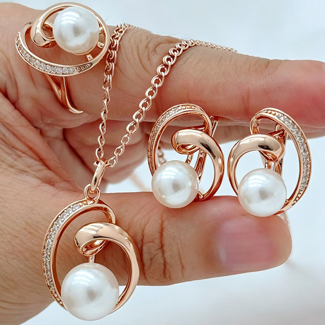 Kinel Schmuckset, 585 Gold, Roségold, Perle, Damen, Vintage - Bild 1