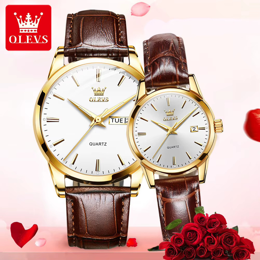 OLEVS Armbanduhr, Quarz, Leder, Gold, Weiß, Unisex - Bild 2