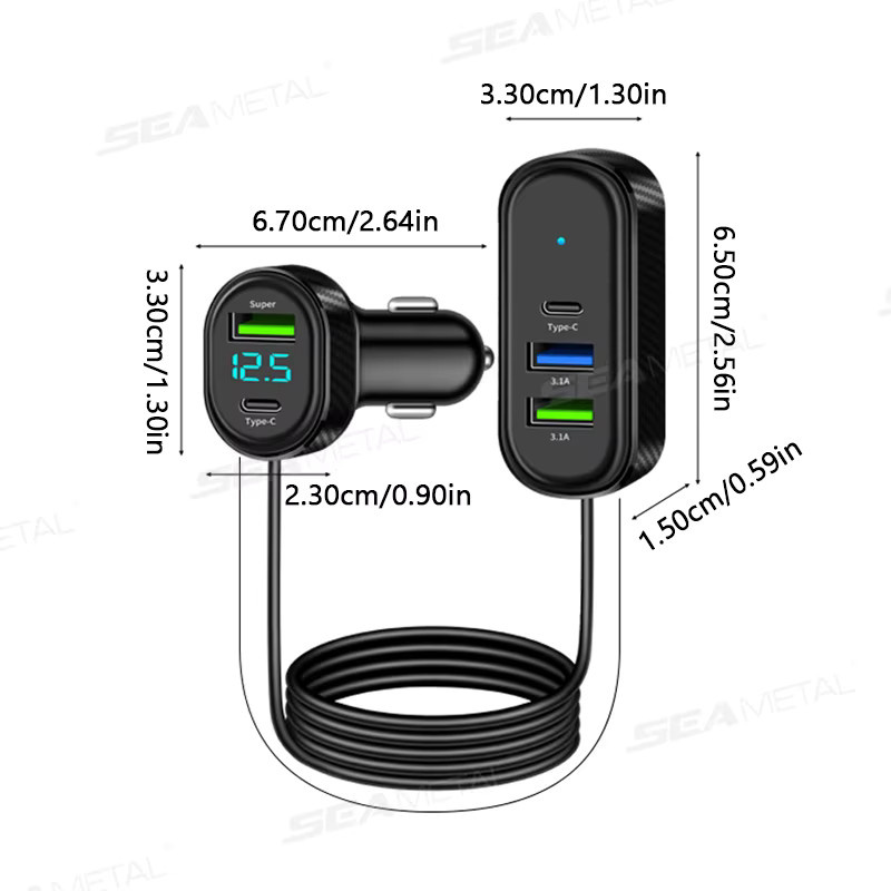 SEAMETAL 5-in-1 Auto-USB-Ladegerät mit 66 W Schnellladung, 5 Anschlüssen inklusive USB-C und USB-A, Schwarz, 150 cm Kabellänge - Bild 4