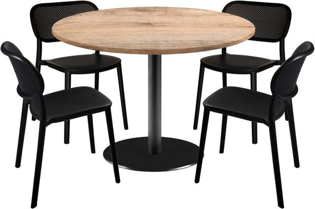 RestooTab Esstisch-Set Rome XL mit 4 Stühlen, runder Esstisch in Eiche Hellbraun mit schwarzem Gestell, Durchmesser: 120 cm, Höhe: 75 cm - Bild 1