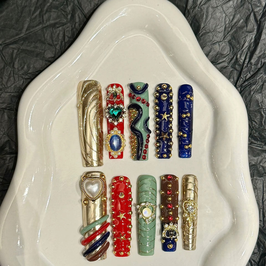 YADORNOS Press On Nails Long Coffin, Gold Star Love Heart Pearl, Damen - Bild 2
