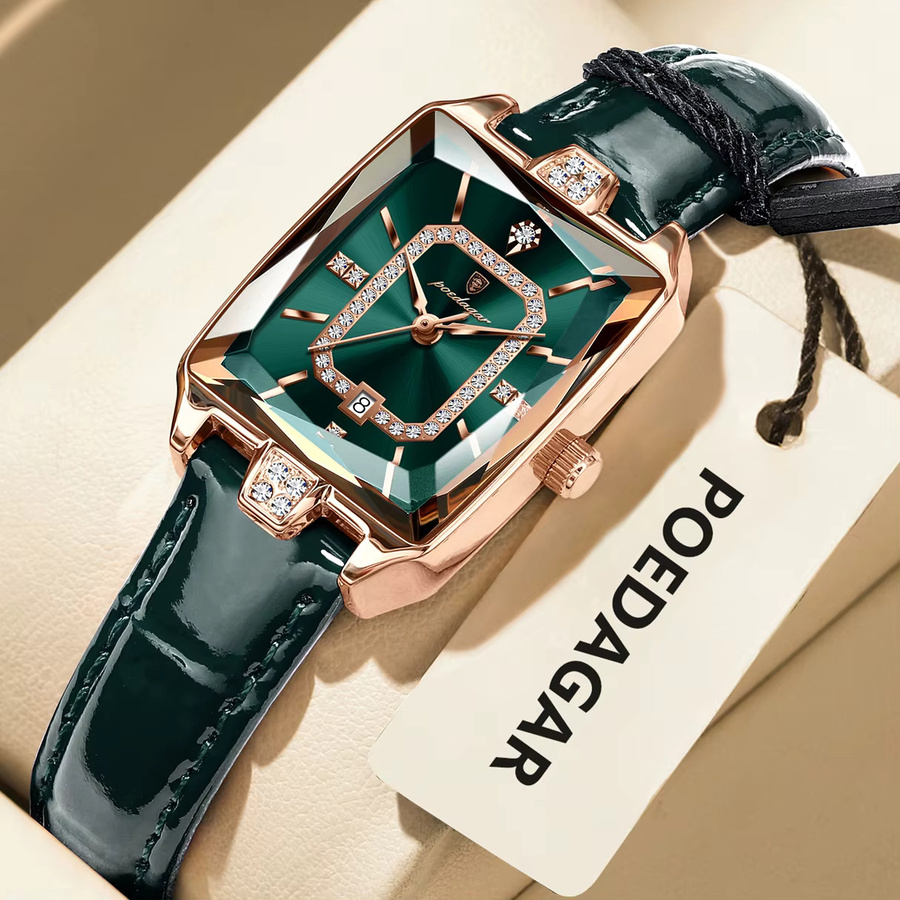 POEDAGAR Armbanduhr, Quarz, Leder, Rechteckig, Grün, Roségold, Damen - Bild 2