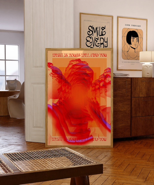 Affirmation Poster von SHENCHEN in Rot – Retro Wandkunst im 70er Jahre Hippie-Stil mit Typografie und abstrakten Elementen - Bild 1