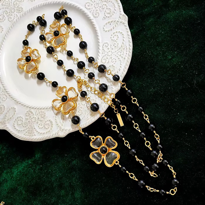 mimiyagu Schmuck-Set, Halskette, Ohrringe, schwarze Perlen, Blumenperlen - Bild 2