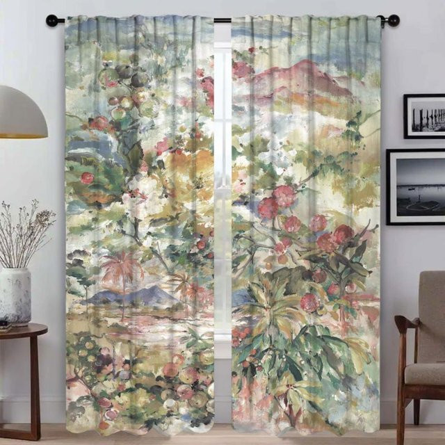 2er-Set Küchenvorhänge mit Blumenmuster aus Polyester, halbtransparent, B: 50 cm, H: 70 cm - Bild 1