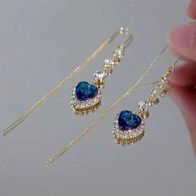rinhoo Ohrringe, blaue Zirkonia, Herzform, Quasten, Damen - Bild 1