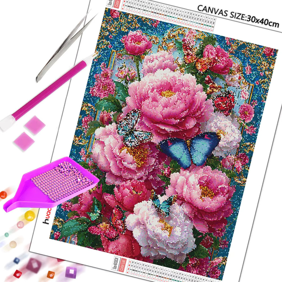 Huacan DIY Diamantmalerei Set Pfingstrose und Schmetterling mit runden Strasssteinen in Multicolour, Breite: 20 cm, Höhe: 30 cm - Bild 2