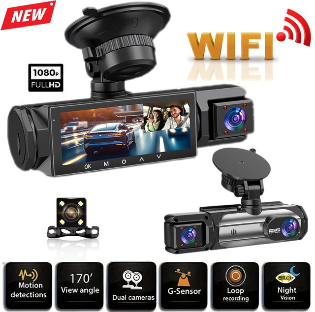 GMAIPOP 1080P Full HD WiFi Dashcam für Autos mit 2/3-Kanal-Funktion, IR-Nachtsicht und Weitwinkel, Schwarz - Bild 1
