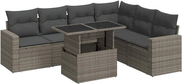 vidaXL 7-teilige Garten-Sofagarnitur in L-Form aus grauem Poly-Rattan mit Kissen und pulverbeschichtetem Stahlgestell - Bild 1
