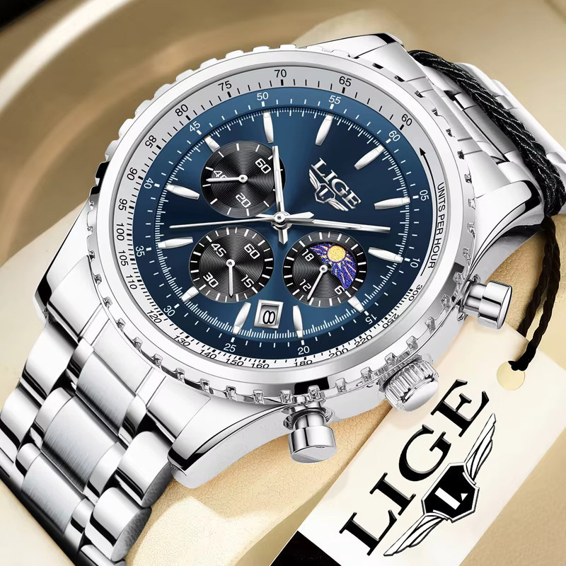 Lige Armbanduhr Quarz, Edelstahl, Mondphase, Datum, Blau, Herren - Bild 6