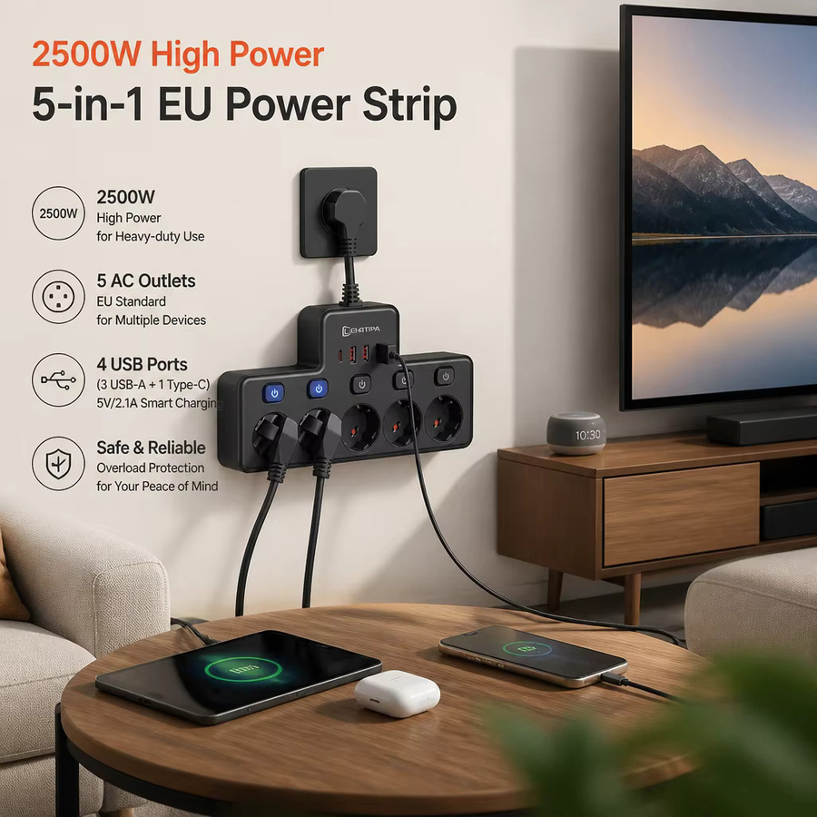 Lehotpia Steckdosenleiste mit Netzwerkfilter und USB-C-Ladefunktion, 2500 W, mit unabhängigen Schaltern und Wandmontage, EU-Stecker Standard - Bild 2