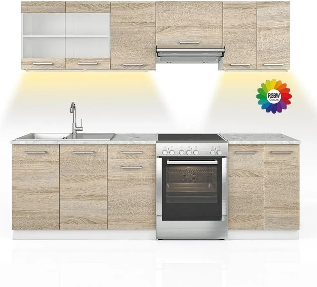 Vicco Raul Küchenzeile Sonoma in Holzoptik mit Marmor-Design und integrierten LED-Leisten, Breite: 240 cm - Bild 1