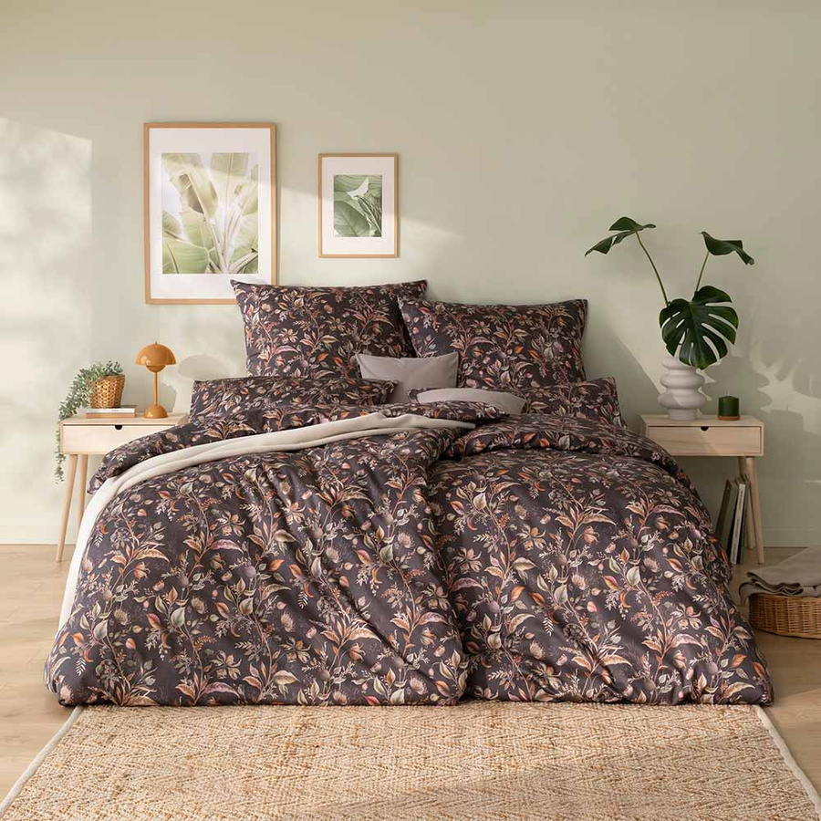 Estella Mako-Satin Bettwäsche Jolanda Braun Wiesenblumen Blätter, B/H: 155 x 220 cm mit Kissenbezug 40 x 80 cm - Bild 1