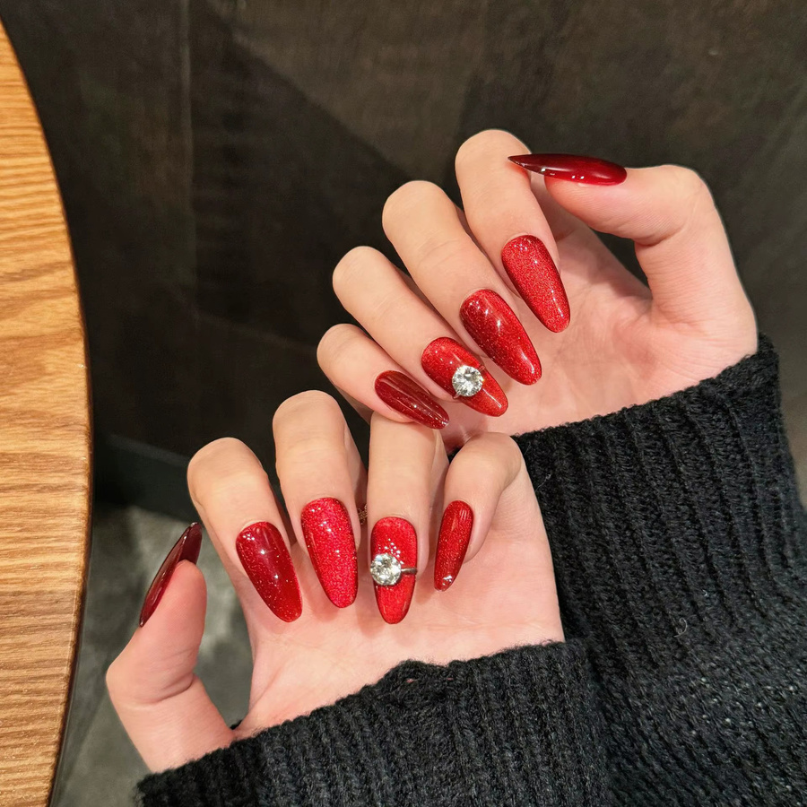 YADORNOS Kunstnägel, rot, glänzend, Katzenaugen-Design, Unisex - Bild 2