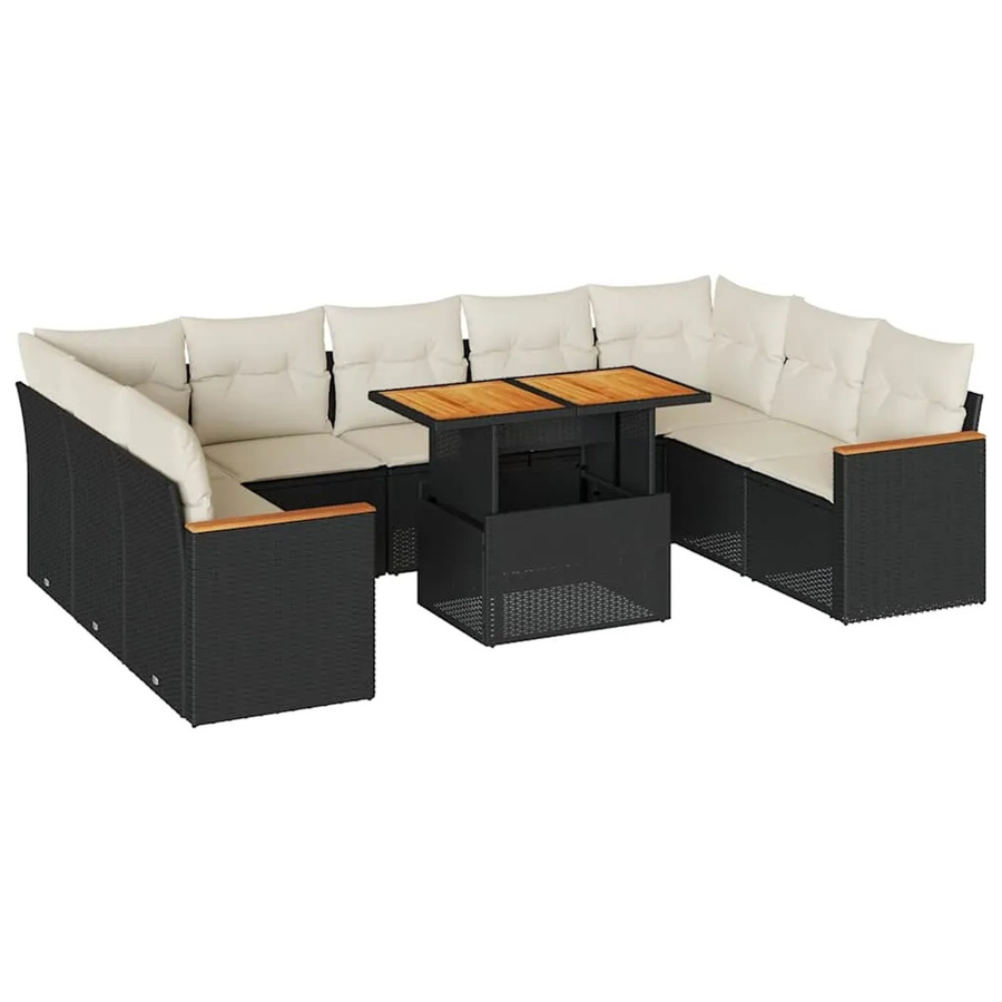 vidaXL 10-tlg. Garten-Sofagarnitur aus Poly-Rattan und Akazienholz in Schwarz mit Kissen - Bild 2
