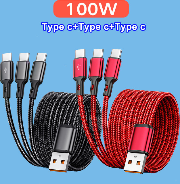 3 in 1 USB zu Typ C Schnellladekabel mit 100W und 6A für Samsung, Huawei, Xiaomi und iPhone, Schwarz - Bild 1