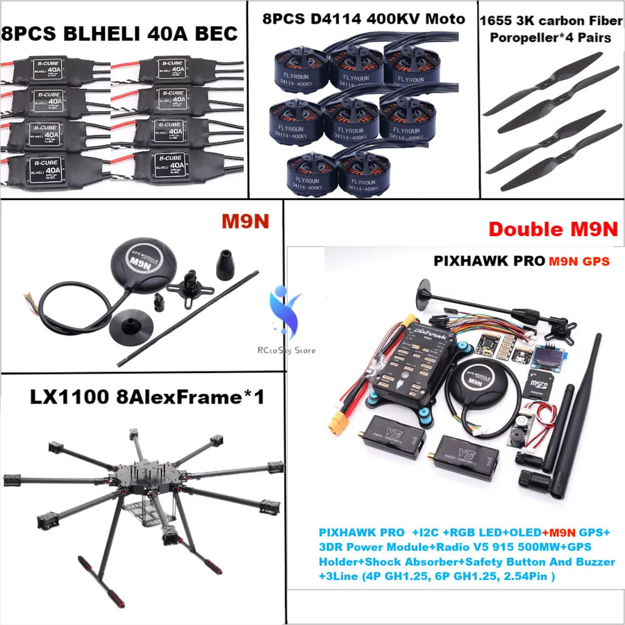 Angeltoy LX1100 Vollcarbon Octa-Rotor Rahmen Set in Schwarz mit Doppel-M9N Flugsteuerung, BLHELI 40A ESC und D4114 Motoren, Länge: 1100 mm - Bild 2