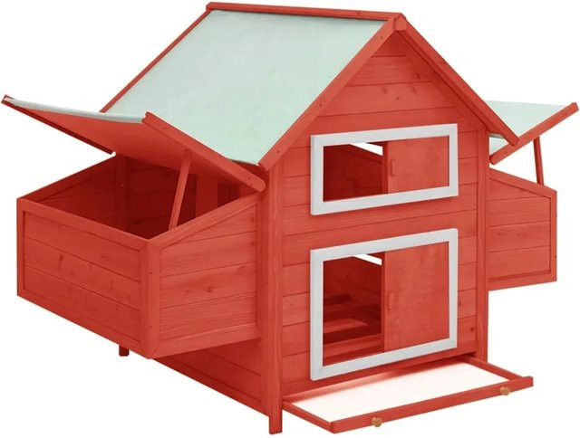 vidaXL Hühnerstall aus Massivholz Tanne in Rot und Weiß, B/T/H: 152 x 96 x 110 cm - Bild 1